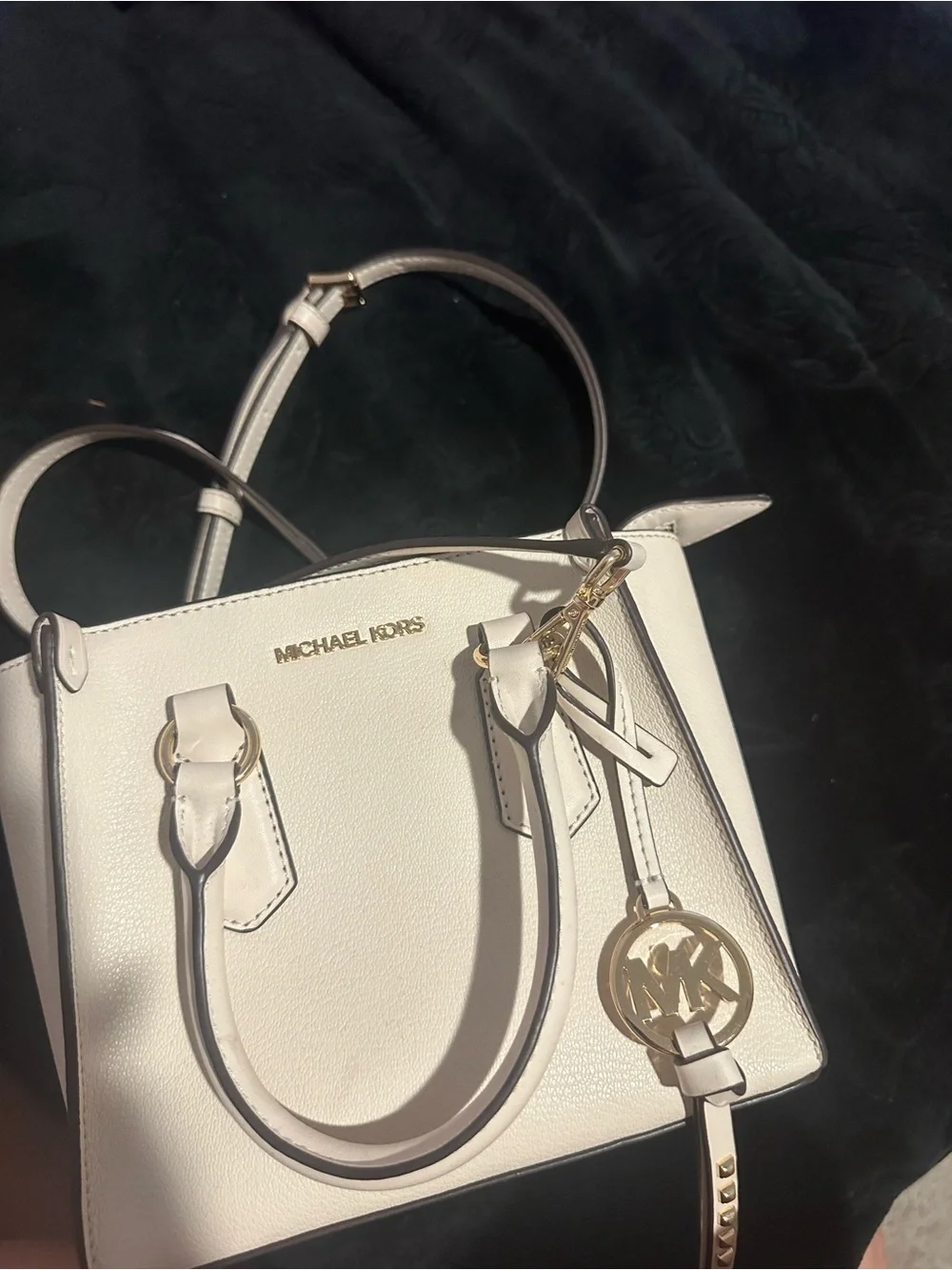 Michael Kors White Leather Satchel with Gold MK Charm